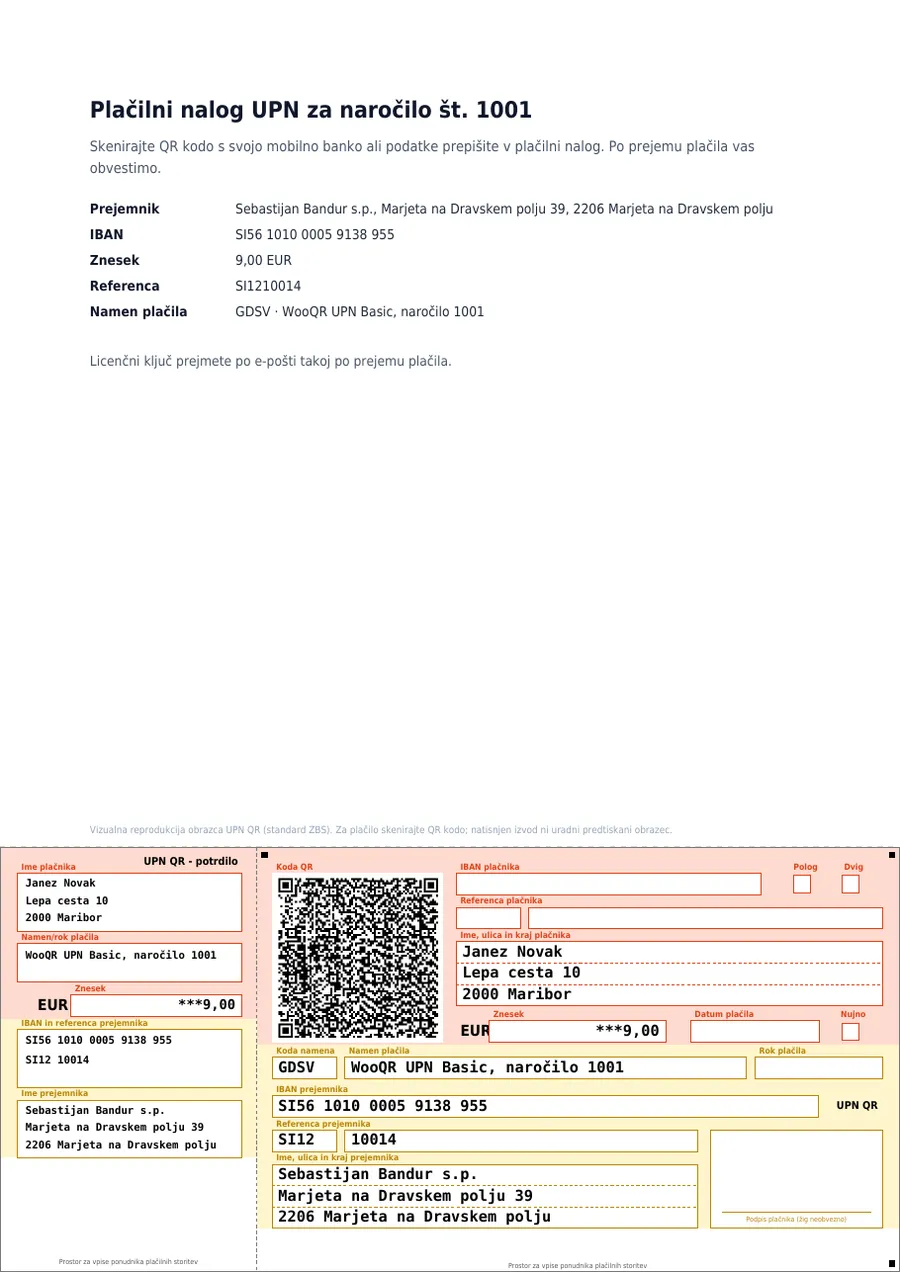 A4 PDF: pismo s podatki naročila in obvestilom prodajalca, spodaj obrazec UPN QR s črto za odtrganje
