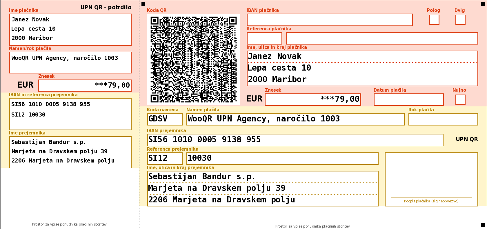 Vzorčni UPN nalog s QR kodo, ki ga izdela vtičnik WooQR UPN: prejemnik Sebastijan Bandur s.p., znesek 79,00 EUR, referenca SI12 10030, namen WooQR UPN Agency, naročilo 1003, brez roka plačila, plačnik Janez Novak