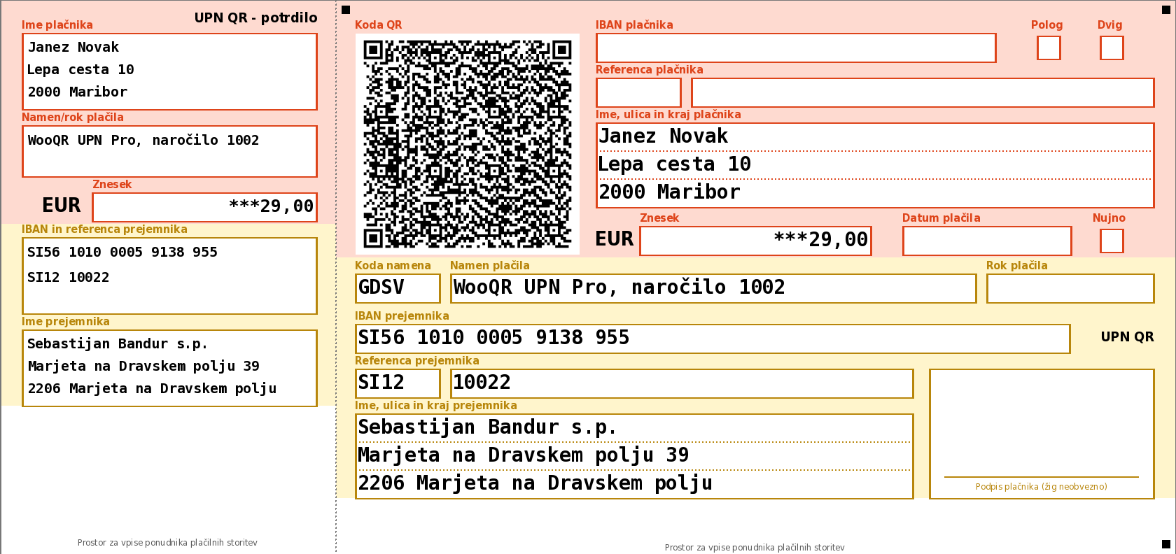 Vzorčni UPN nalog s QR kodo, ki ga izdela vtičnik WooQR UPN: prejemnik Sebastijan Bandur s.p., znesek 29,00 EUR, referenca SI12 10022, namen WooQR UPN Pro, naročilo 1002, brez roka plačila, plačnik Janez Novak