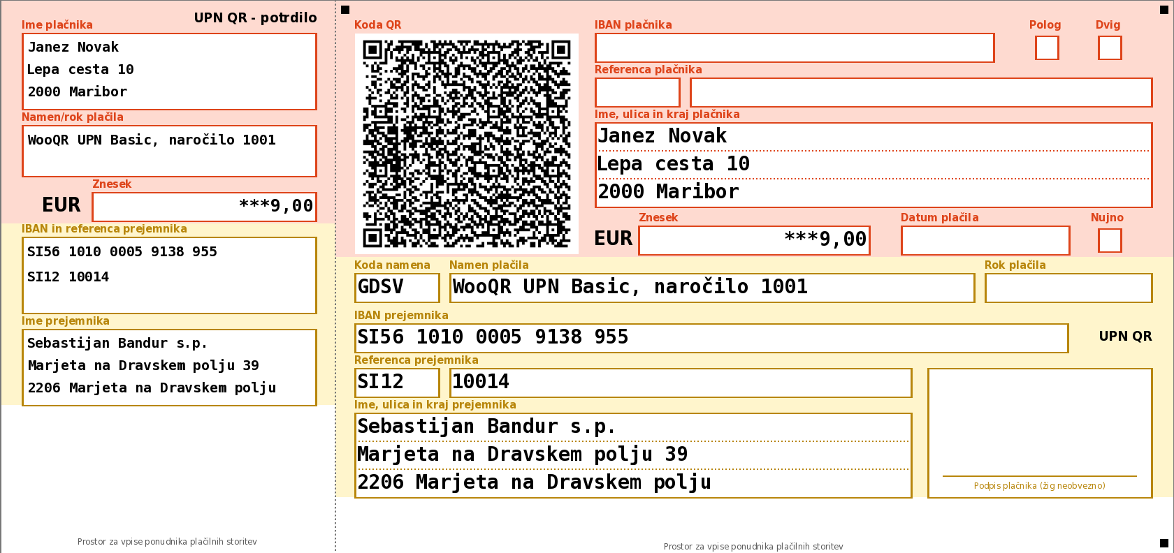 Vzorčni UPN nalog s QR kodo, ki ga izdela vtičnik WooQR UPN: prejemnik Sebastijan Bandur s.p., znesek 9,00 EUR, referenca SI12 10014, namen WooQR UPN Basic, naročilo 1001, brez roka plačila, plačnik Janez Novak